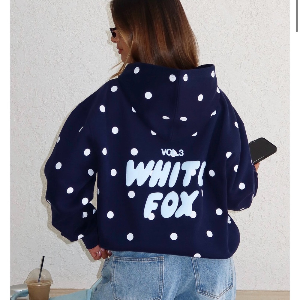 White Fox Offstage Printed Oversized Hoodie Navy Polka Dot